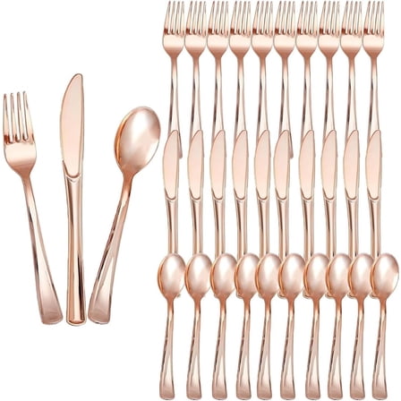 75PCS Rose Gold Plastic Cutlery Disposable, Disposable Plastic Heavy Duty Utensils for Parties, Rose Gold Silverware Plastic Cutlery Set Include 7.4In Forks and 6.9In Spoons, 7.9In Knives