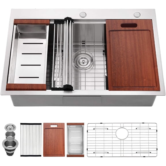 33" x 22" Drop in Kitchen Sink, 304T Stainless Steel Topmount Workstation Sink, Single Bowl with Integrated Ledge