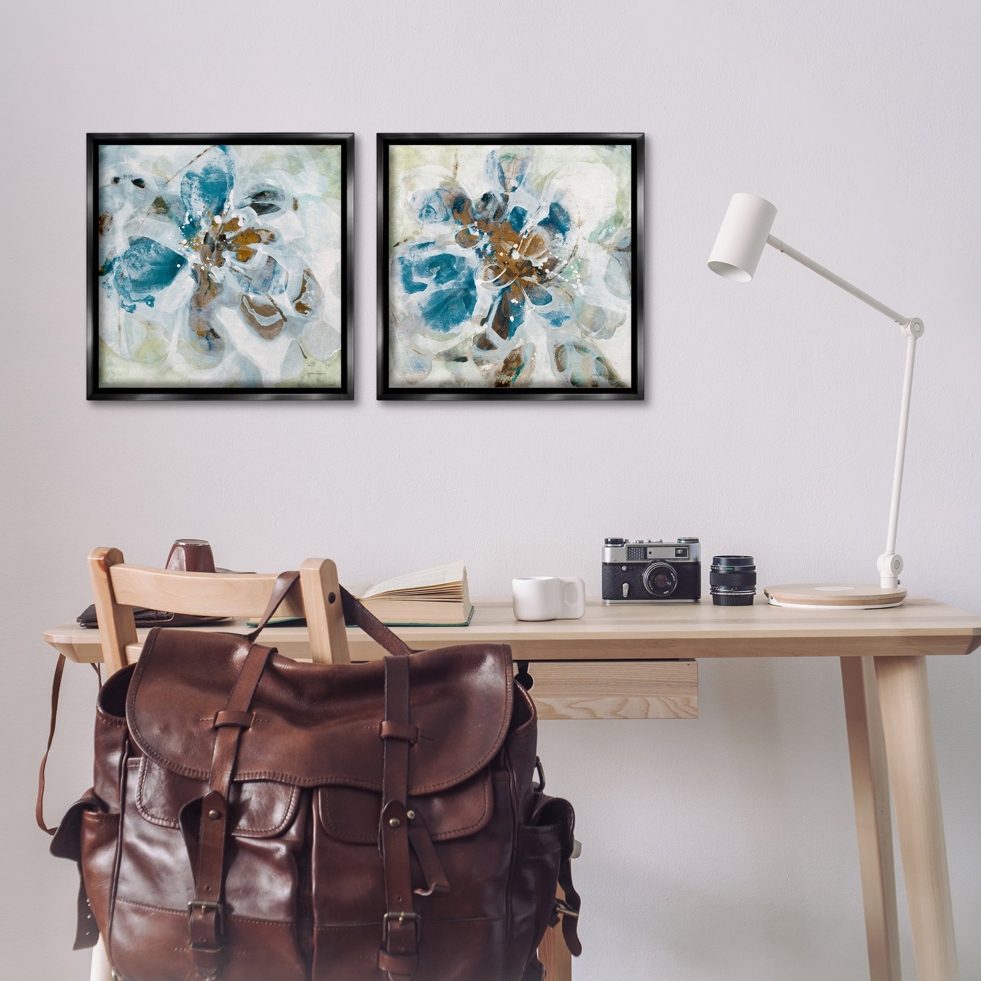 Stupell Industries Teal Abstract Flower Petals Abstract Painting Black Floater Framed Canvas Art Print Wall Art, 18 x 18, Set of 2