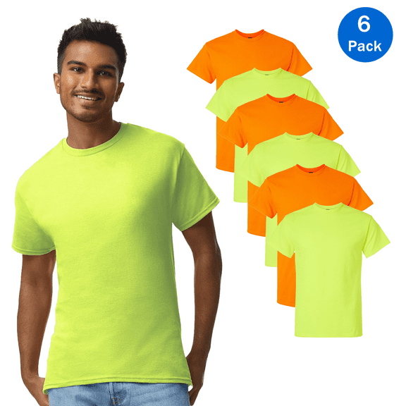 Gildan High Visibility Safety T-Shirt for Men, Hi Vis Workwear Crewneck Safety Orange and Safety Green Tee, 6 Pack, Size S
