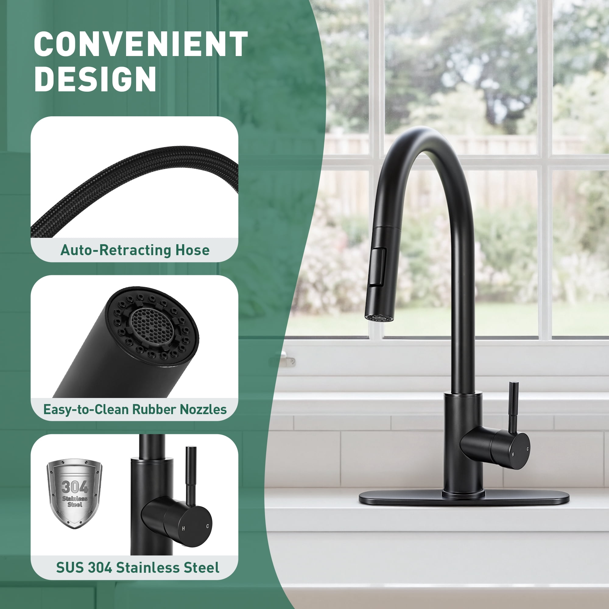 Akicon Kitchen Faucet with Pull Down Sprayer, Dual-Function Single Handle Kitchen Sink Faucets, 304 Stainless Steel with Deck Plate, Fits 1 or 3-Hole Sinks, Black