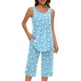 thumbnail image 3 of Lovskoo 2024 Summer Pajamas Sets for Women Soft Pleated Sleeveless Round Neck Tank Top and Capri Pants with Pocket Ladies Loungewear 2 Piece Sets Light Blue 2XL, 3 of 6