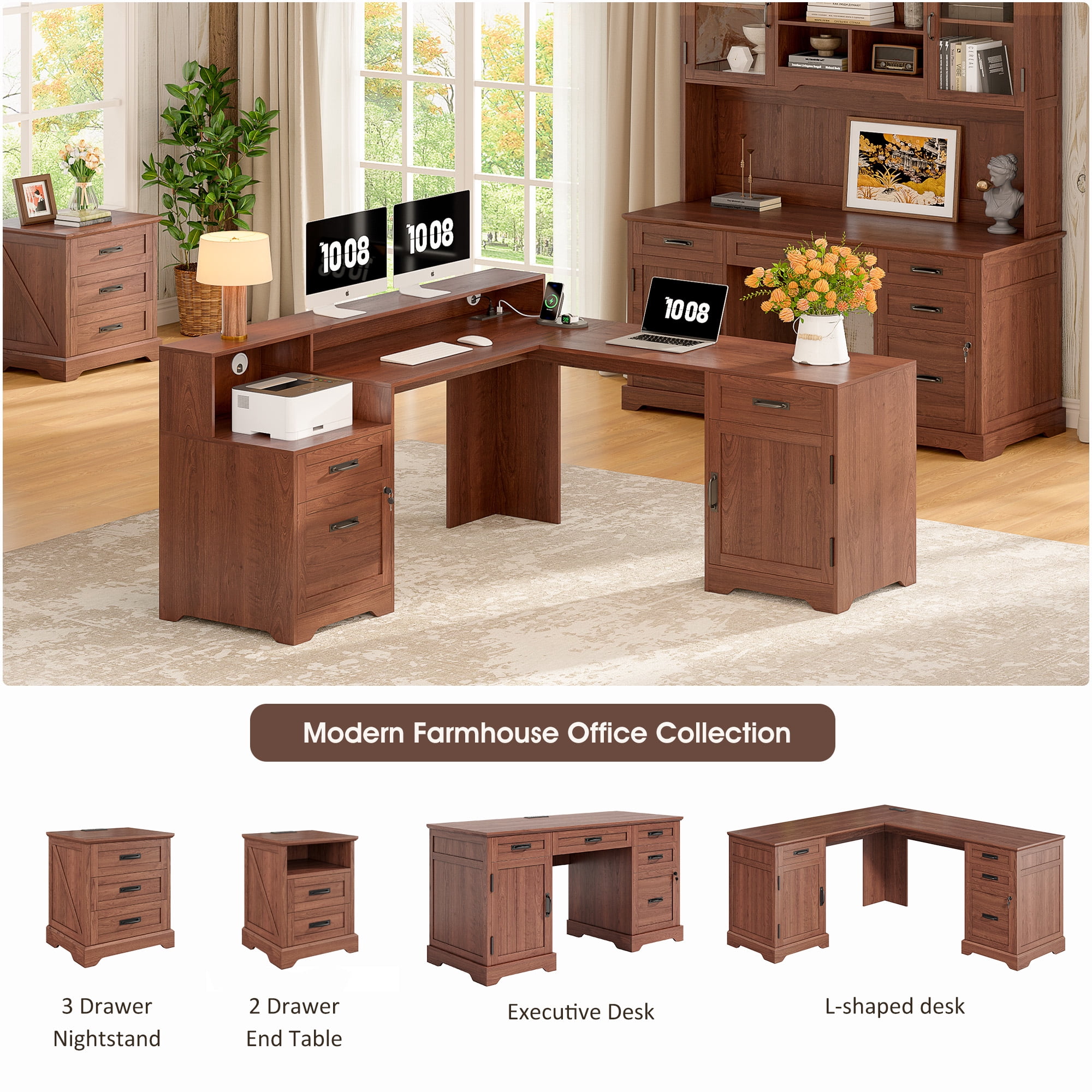 63'' Farmhouse L Shaped Desk with Drawers, Corner Computer Desk with Monitor Stand for Home Office, Cherry Brown