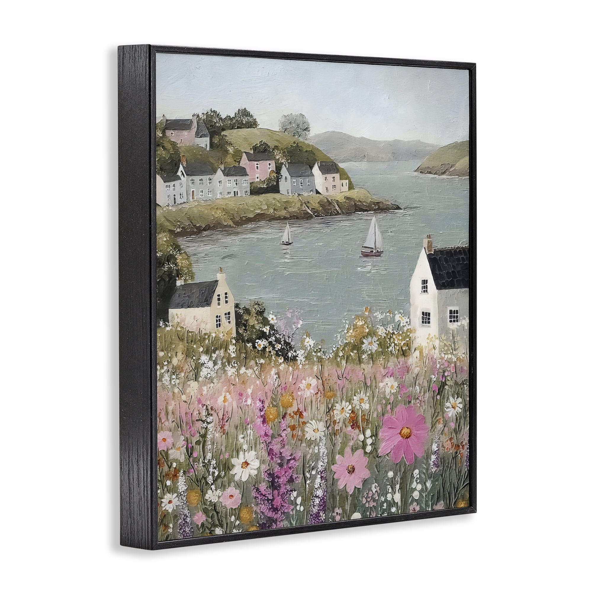 Stupell Industries Seaside Cottages & Sailboats Black Framed Giclee Art, design by Riley B