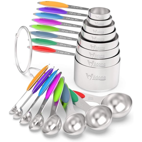 Ensemble de 16 Tasses et Cuillères à Mesurer, Wildone Tasses et Cuillères à Mesurer en Acier Inoxydable Premium avec Poignée en Silicone Coloré, Incluant 8 Nids
