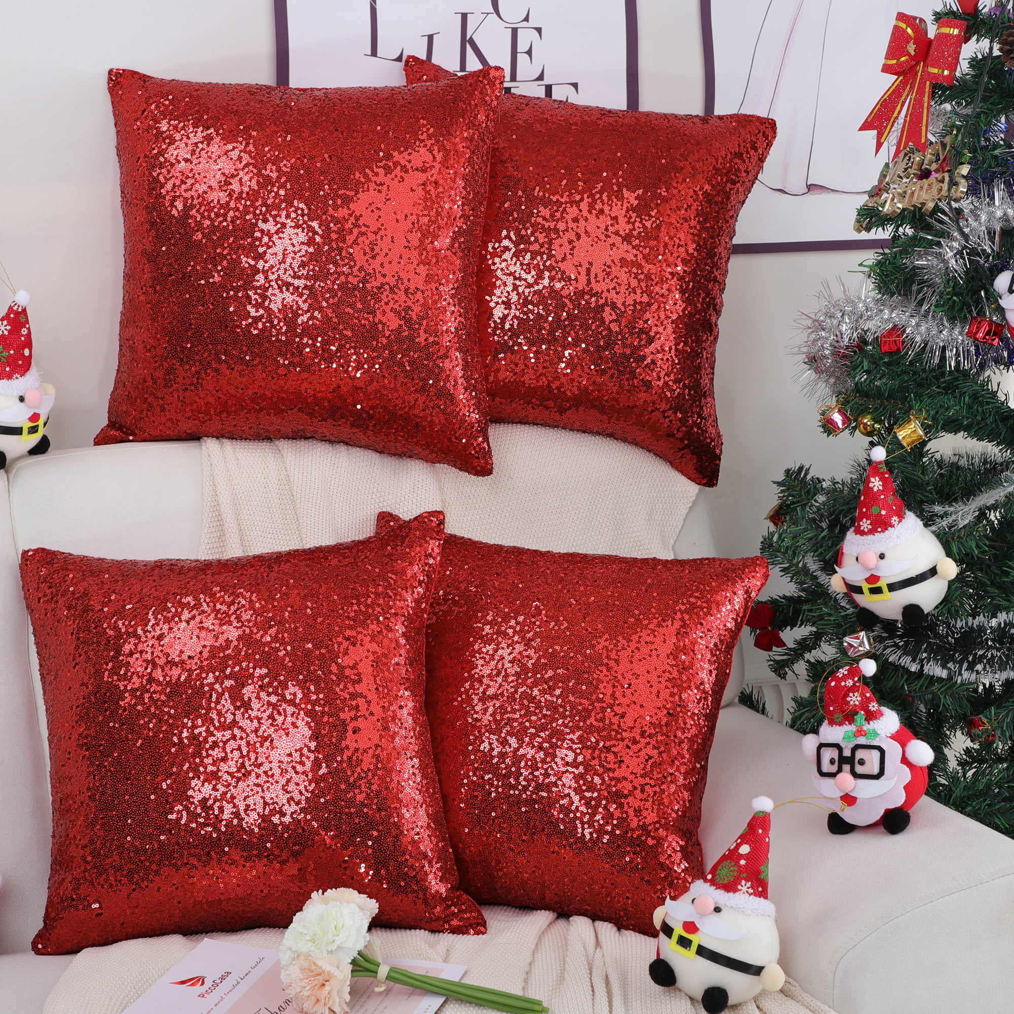 Unique Bargains 4Pcs Glitter Sequins Throw Pillow Covers 18" x 18" Red