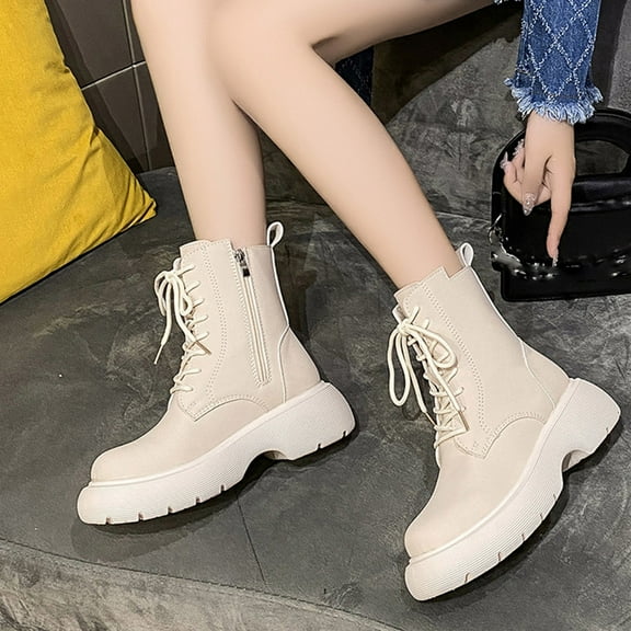 jsaierl Lug Sole Combat Ankle Bootie for Women Lace-Up Boot Fashion 2023 New Winter Thick Sole Round Toe Thin Boots Single Boots