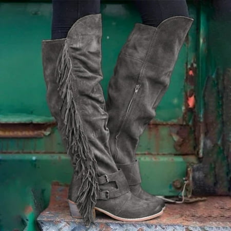

MIASHUI Boots For Women Casual Retro Fringe Over The Knee Long Boots Square Heels Shoes Women Sneakers Shoes Wedges Women Shoes Casual