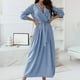 thumbnail image 4 of Vestido de falda con volantes ajustado en la cintura con cordones y temperamento de manga larga de Color sólido con cuello en V de primavera y otoño para mujer Pompotops  hdfakjf8615, 4 of 9