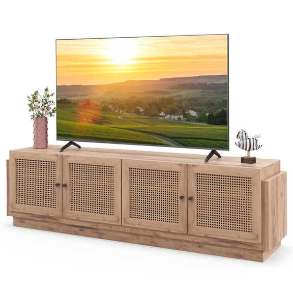 Costway Farmhouse TV Stand for TVs up to 75" 2 Cabinets and 8 Cable PE Rattan Media Console Table