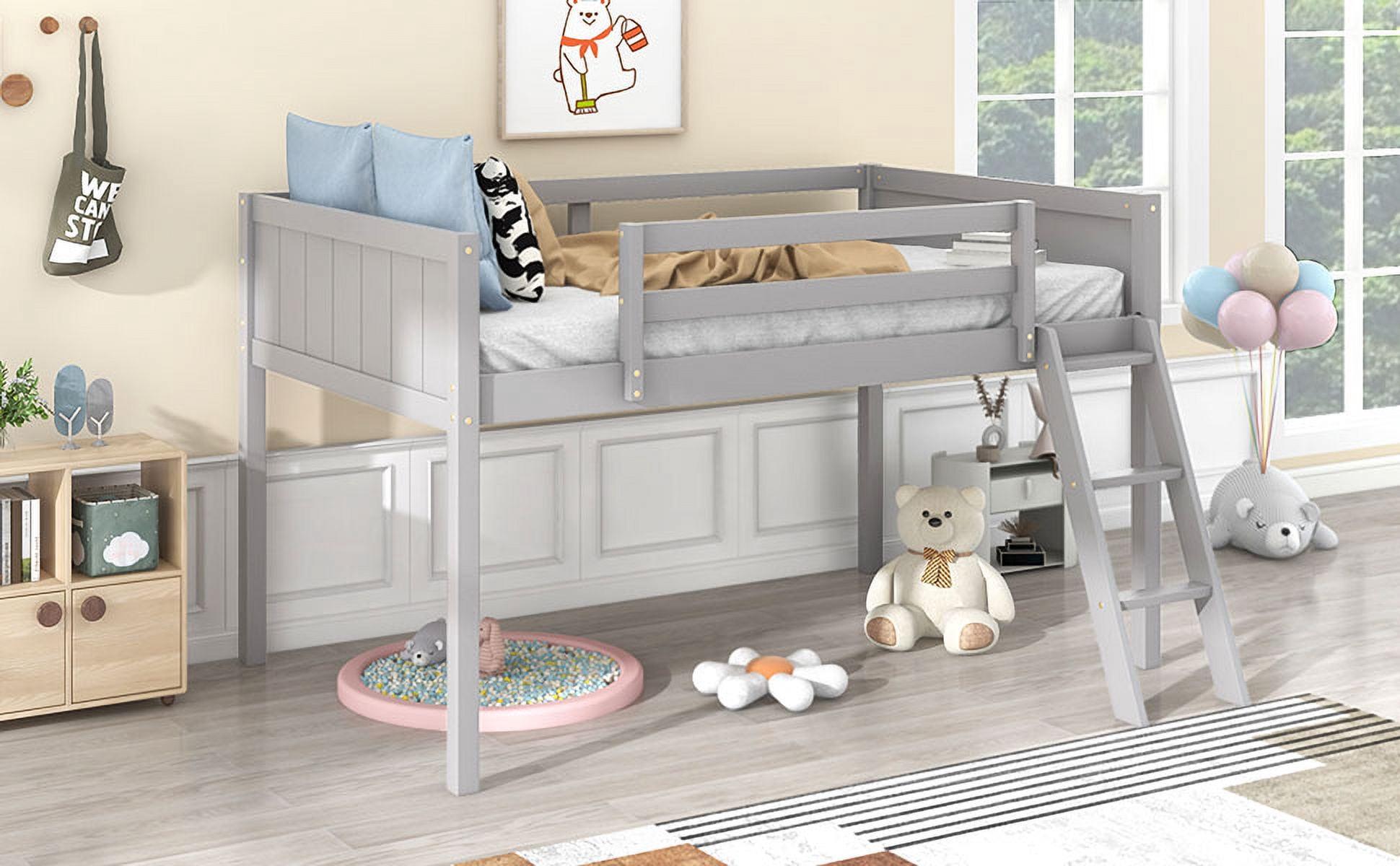 MAYEERTY Twin Size Wood Low Loft Bed - With Ladder (Left/Right Placement), Gray