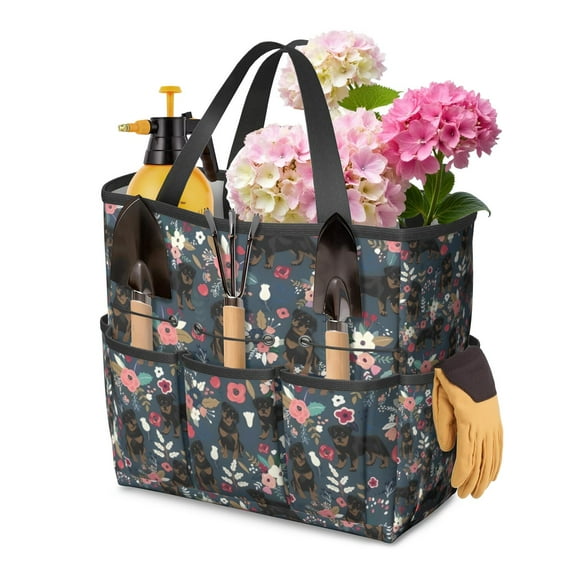 Garden Tool Bag,Rottweiler Dog and Flower Floral Garden Tool Organizer,Garden Gifts,Waterproof Multi-Pocket Garden Tool Storage 11.8x5.5x11.4 Inch(Tools NOT Included)
