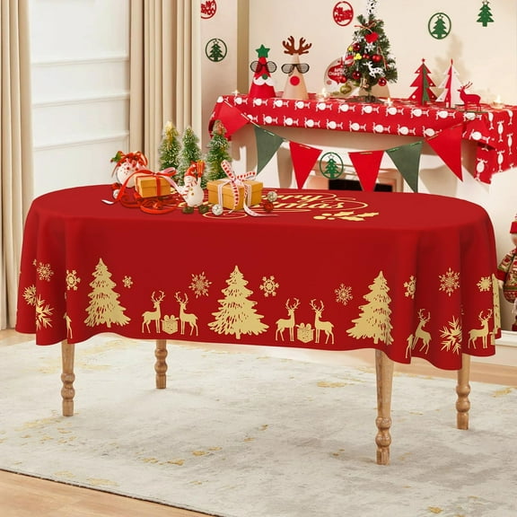 Merry Christmas Oval Tablecloth 60×84 inch Christmas Table Cloth Golden Deer Christmas Tree Table Covers Red Christmas Decoration for Christmas Party Dining Room Home Kitchen Picnic
