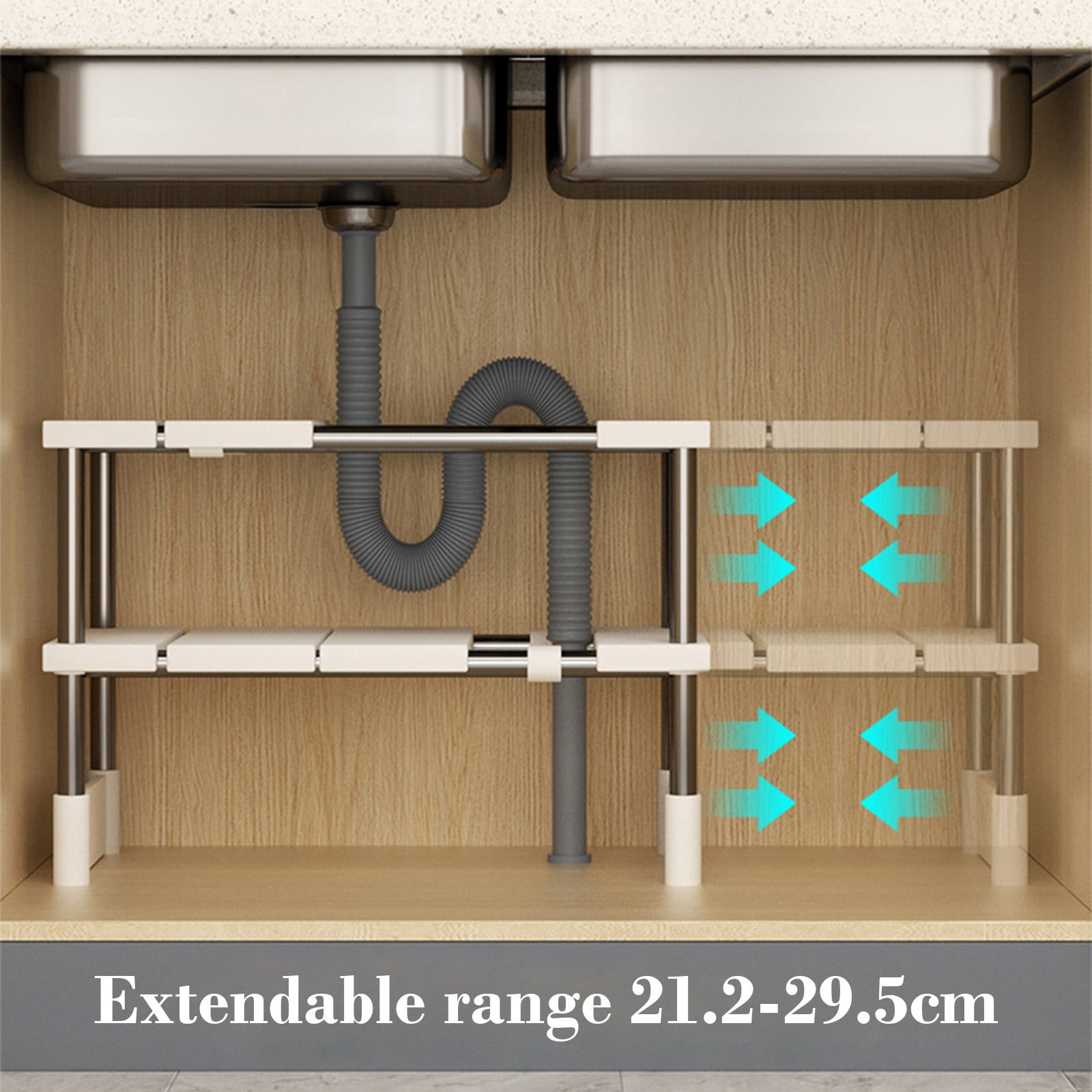 Qonioi Retractable Under Sink Shelf, Expandable Kitchen Cabinet Organizer, Heavy Duty Plastic Storage Rack for Bathroom Sink and Pantry