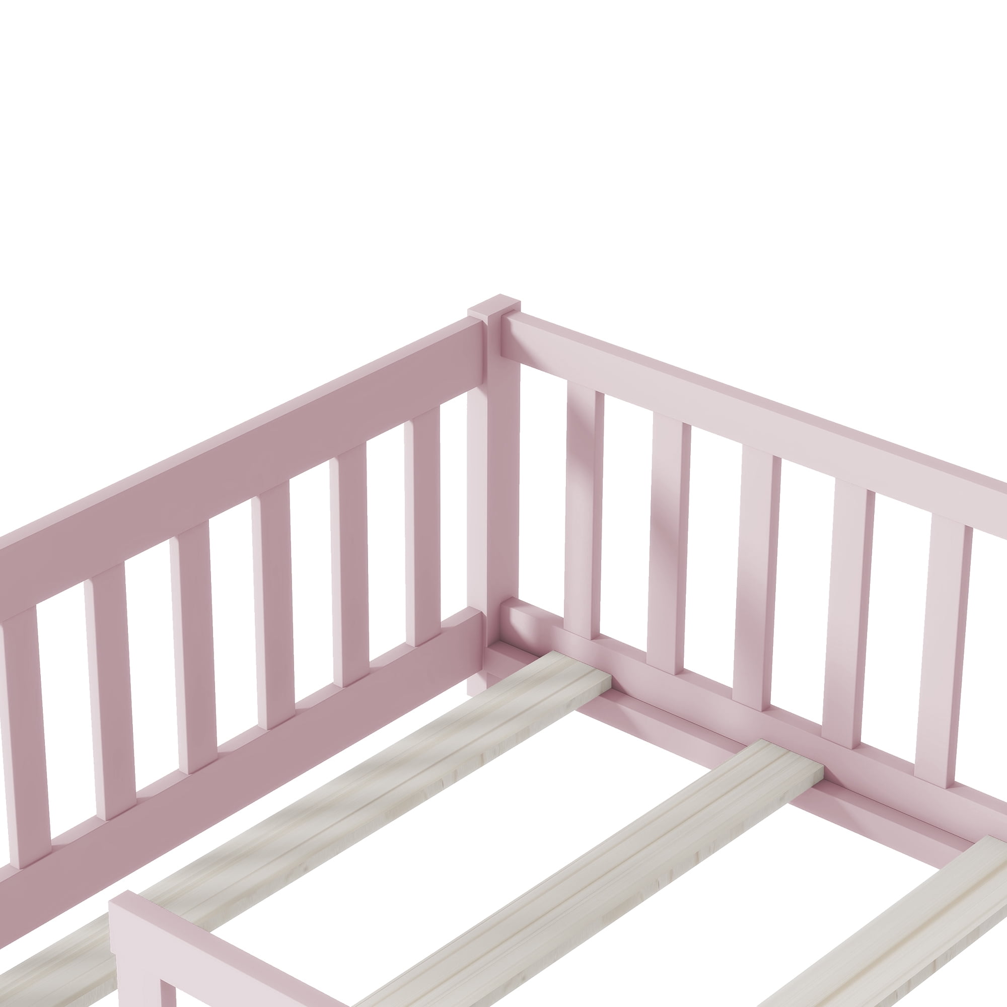 Alvantor Twin Size Floor Bed, Solid Wood Toddler Bed with Slat and Fence Guardrail, Montessori Floor Bed for Kids, Boys, Girls,Pink