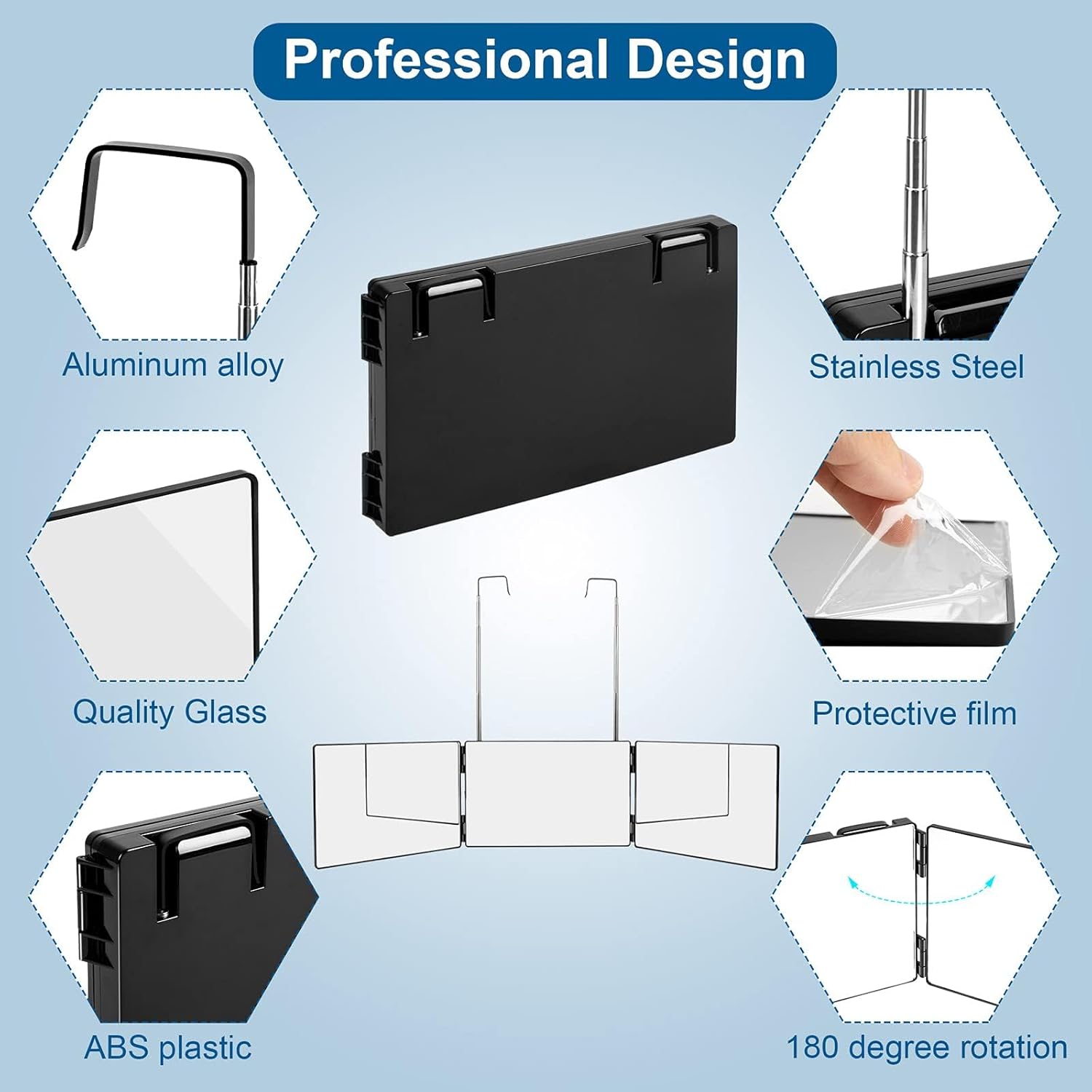 3 Way Mirror For Self Hair Cutting, 360 Haircuts Men For Barber Use Tools, To See Back Of Head, Tri Fold Mirror With Portable Height Adjustable Telescoping Hooks (7.64" X 11.97")
