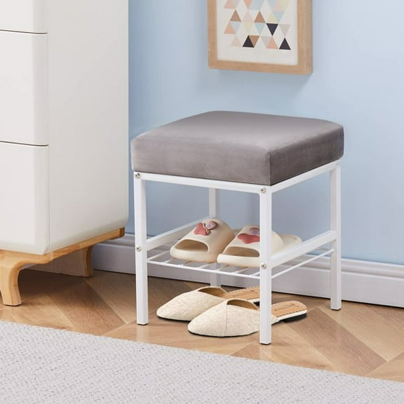 Velvet Vanity Footstool Ottoman, Soft Padded Seat with Furry Velvet Cover, Modern Metal Legs with Anti-Slip Feet, Multifunctional Makeup Stool Grey 13" x 13" x 16"