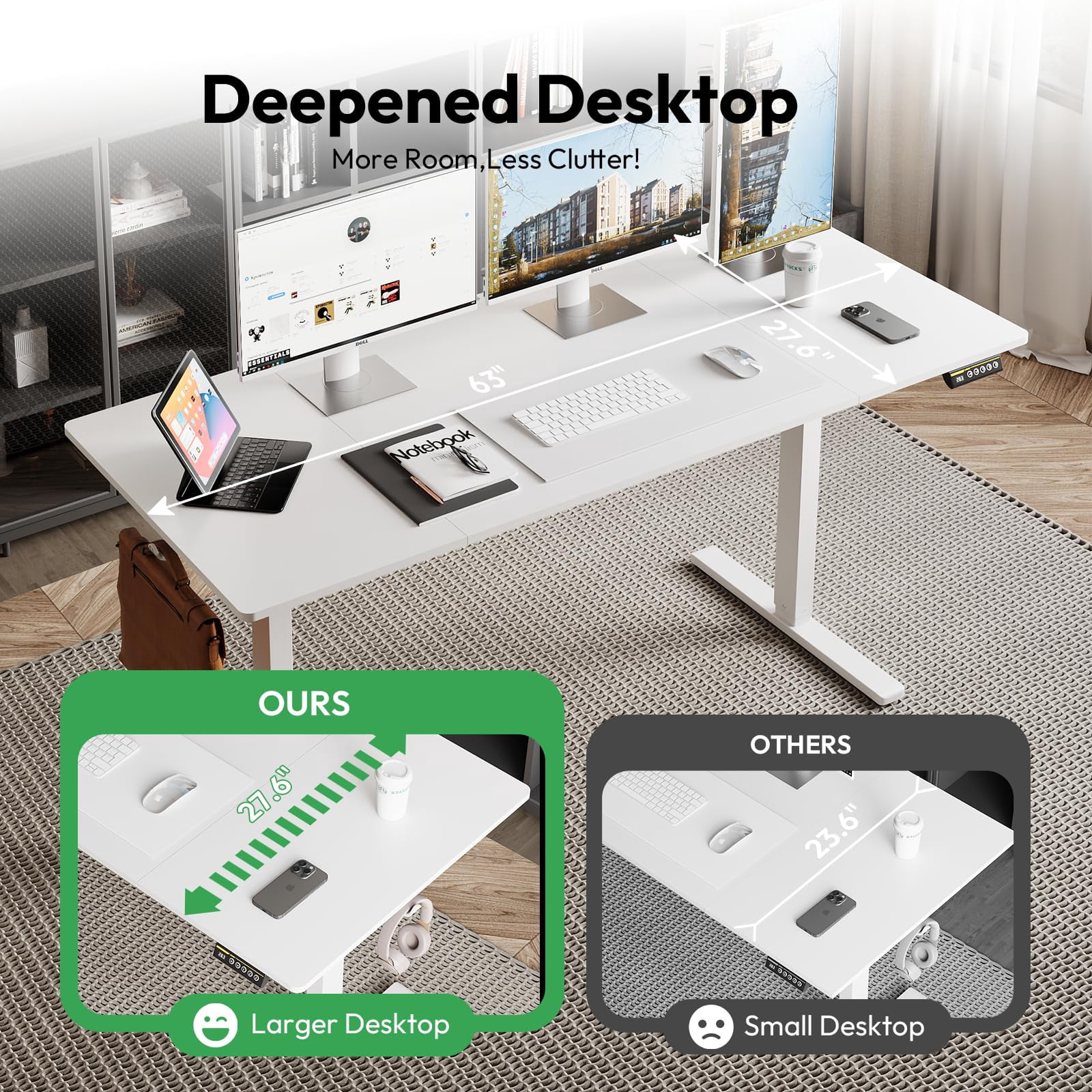 63"×28" White Electric Height Adjustable Desk, Ergonomic Sit Stand Computer Workstation With 3 Custom Height Memory Presets and Child Lock for Home & Office