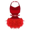 thumbnail image 2 of Xnihocha Kids Girls Latin Ballet Dance Leotard Dress Halter Sparkly Rhinestones Bodice Feather Bodysuit Red 16, 2 of 5