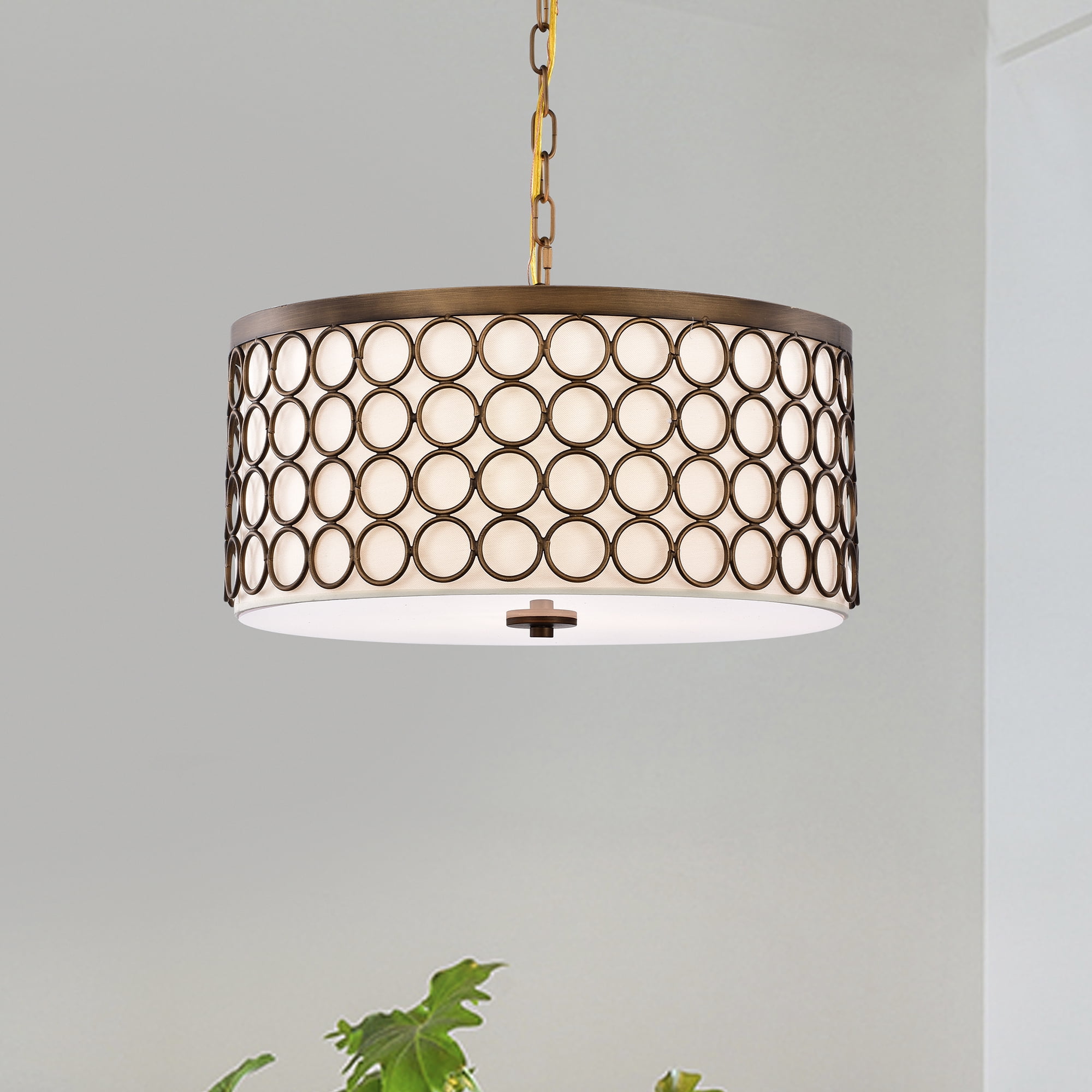 Warehouse of Tiffany Tessa Satin Bronze 3-Light Drum Chandelier with Geometric-Patterned Metal Frame