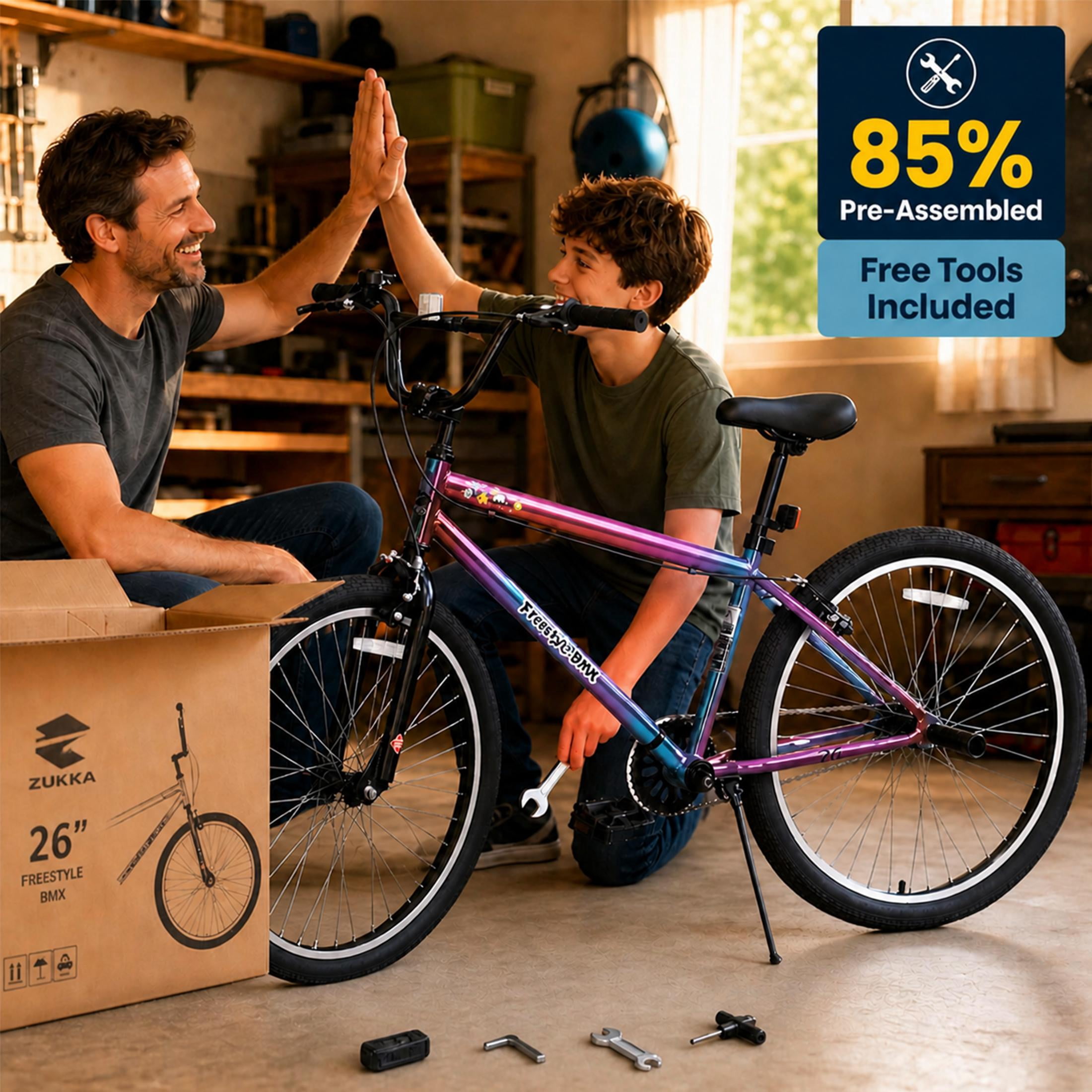 26 Inch Freestyle Bike for Teens and Adults, Single-Speed Mountain Bike with Carbon Steel Frame and 2 BMX Pegs, Front Caliper and Rear V Brakes, Colorful Outdoor Bicycle for Riders 5'4"-6'2"
