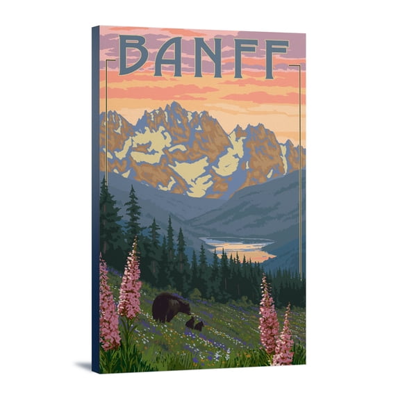 Banff, Alberta, Canada, Bear and Spring Flowers (with border), Canvas Art, Gallery Quality Decor, Hang Ready