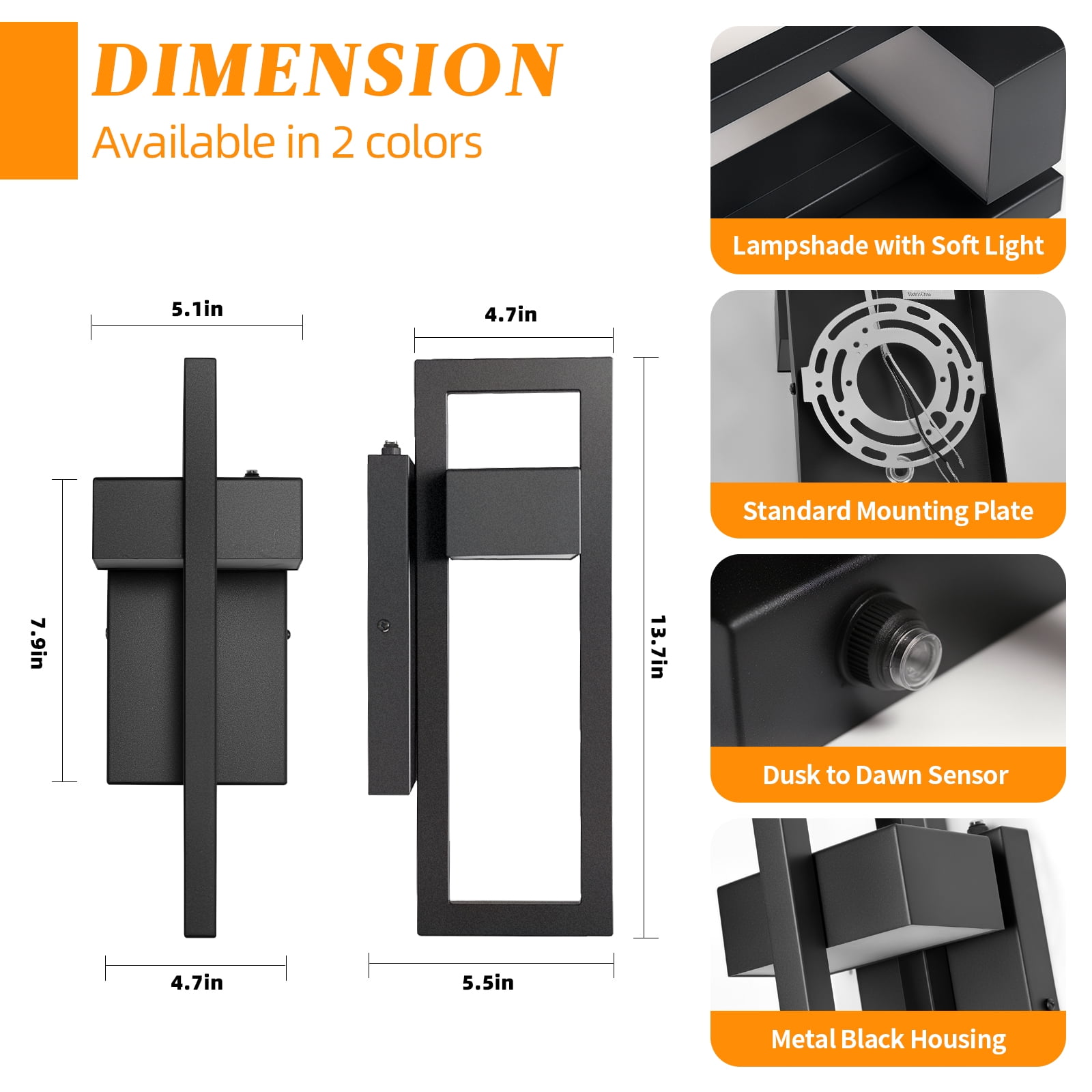 LED Outdoor Wall Sconce Dusk to Dawn Outdoor Lighting, Modern Exterior Lighting Fixtures, Black LED Front Porch Lights Outside Wall Mount Lights for House, Hallway, Warm White 3000K, 2 Pack