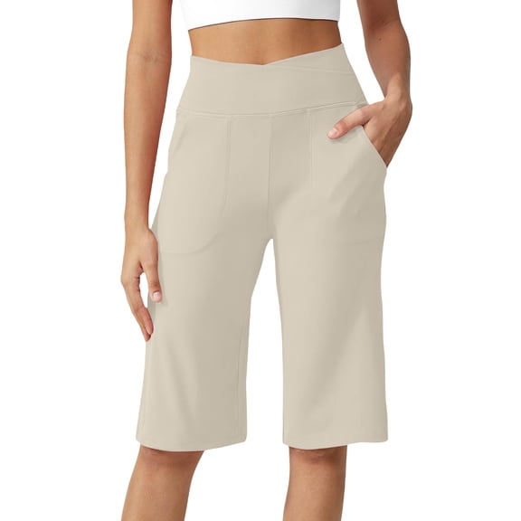 Women's Knee Length Bermuda Yoga Shorts, High Waisted Loose Wide Leg Summer Shorts with Pockets, Stretchy Athletic Gym Shorts for Casual Workout Daily Wear Beige L