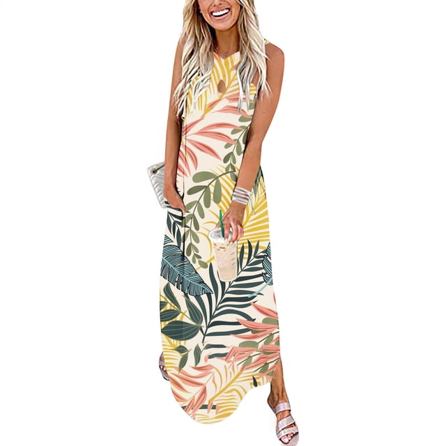 SMihono Robe Maxi Bohème d'Été pour Femmes Grande Taille Robe Longue Sans Manches Imprimée Col Croisé devant Robe de Plage