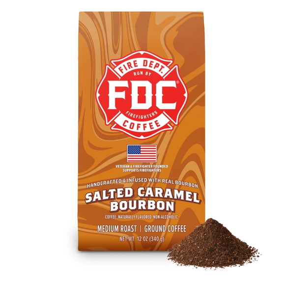 Fire Department Coffee, Salted Caramel Bourbon Infused, Premium Ground Coffee, Medium Roast 12 oz.