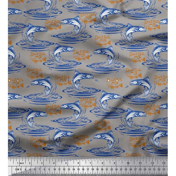 Soimoi Blue Velvet Fabric Text & Fish Ocean Printed Fabric 1 Yard 58 Inch Wide
