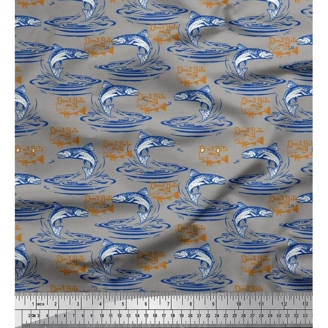 Soimoi Blue Cotton Jersey Fabric Text & Fish Ocean Decor Fabric Printed Yard 58 Inch Wide