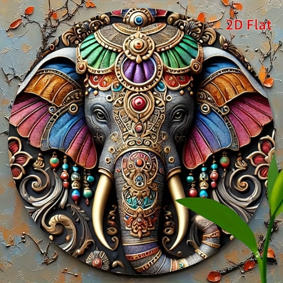 HELLOYOUNG Vintage Indian Elephant Metal Tin Sign 2D Printed, 8x8 Inch Round Wall Art Decor for Living Room Garden Bar Home, Retro Metal Wall Decor