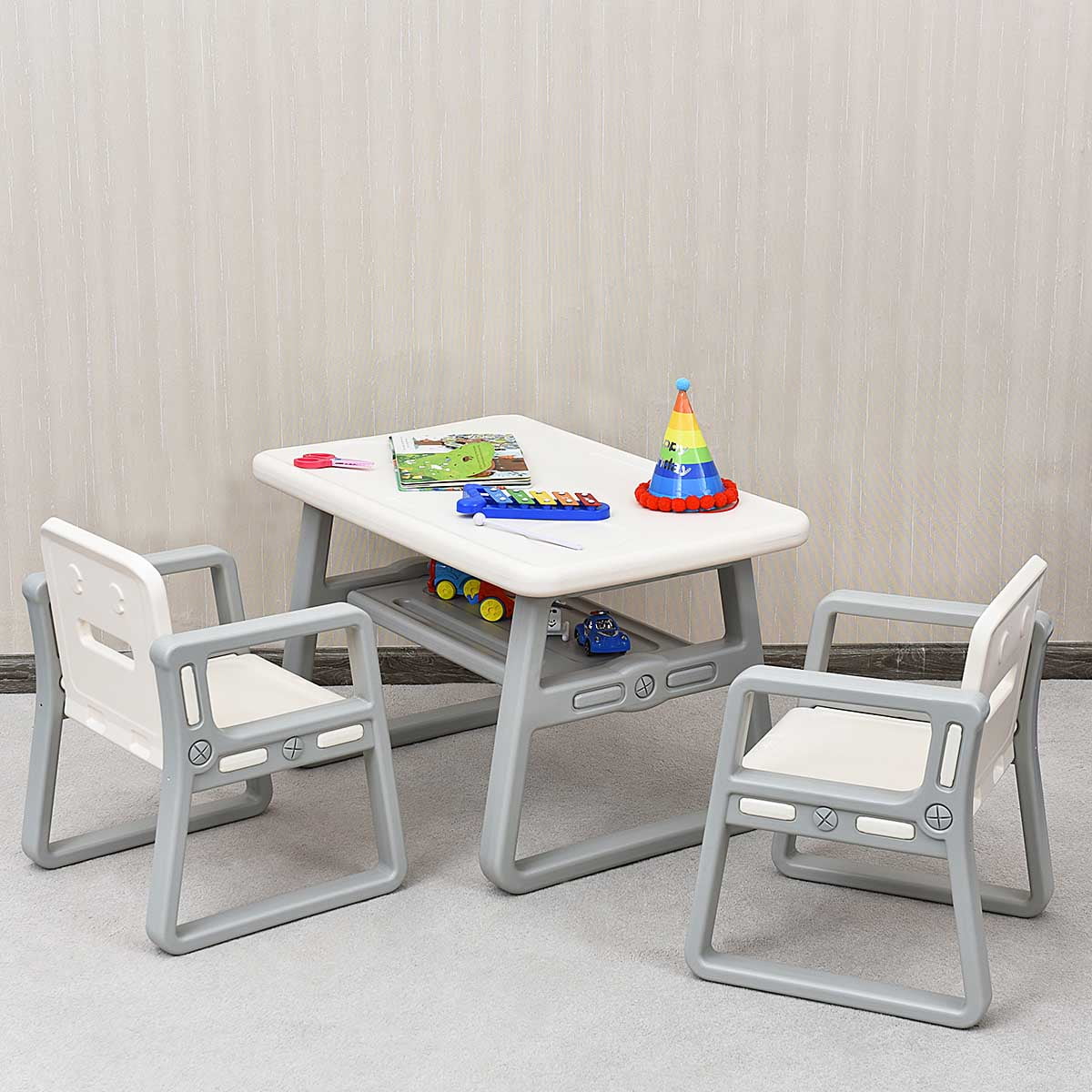 Topbuy Kids 2-in-1 Table and 2 Chairs Set Activity Table With Storage Shelf White Baby