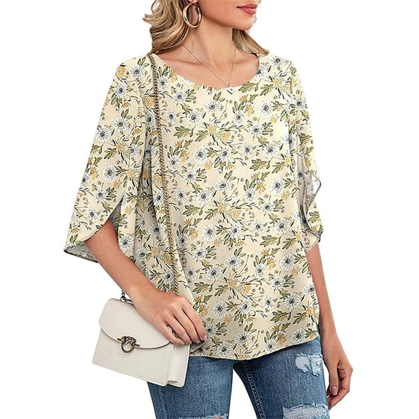 Qarigey Camisa de mujer Estampado de media manga Top Camisa de mujer Estampado de medio cuello Blusa informal Prendas para la parte del cuerpo flor blanca amarilla S