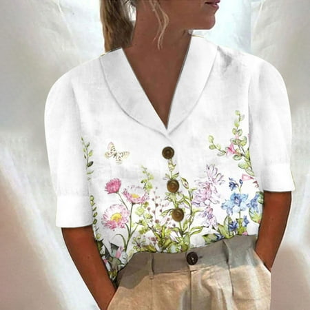 

Leesechin Blazers for Women Casual Collar Button Vintage Flower Regular Short Sleeve Tops V-Neck Shirt Tops on Clearance