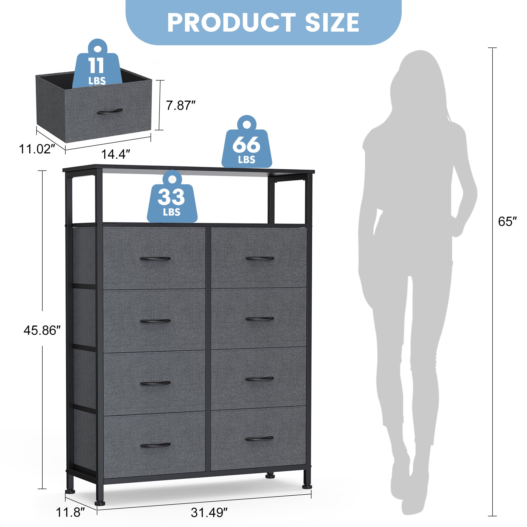 CONCETTA 8-Drawer Fabric  Dresser wiith Open Shelf, Tall  Storage Organizer for Bedroom Closet, Living Room, Hallway, Gray