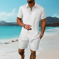 thumbnail image 3 of Hrsba Men Outfits 2 Piece Set, Solid Color Lapel Short Sleeve and Drawstring Elastic Waist Summer Fashion Daily Set, 3 of 5