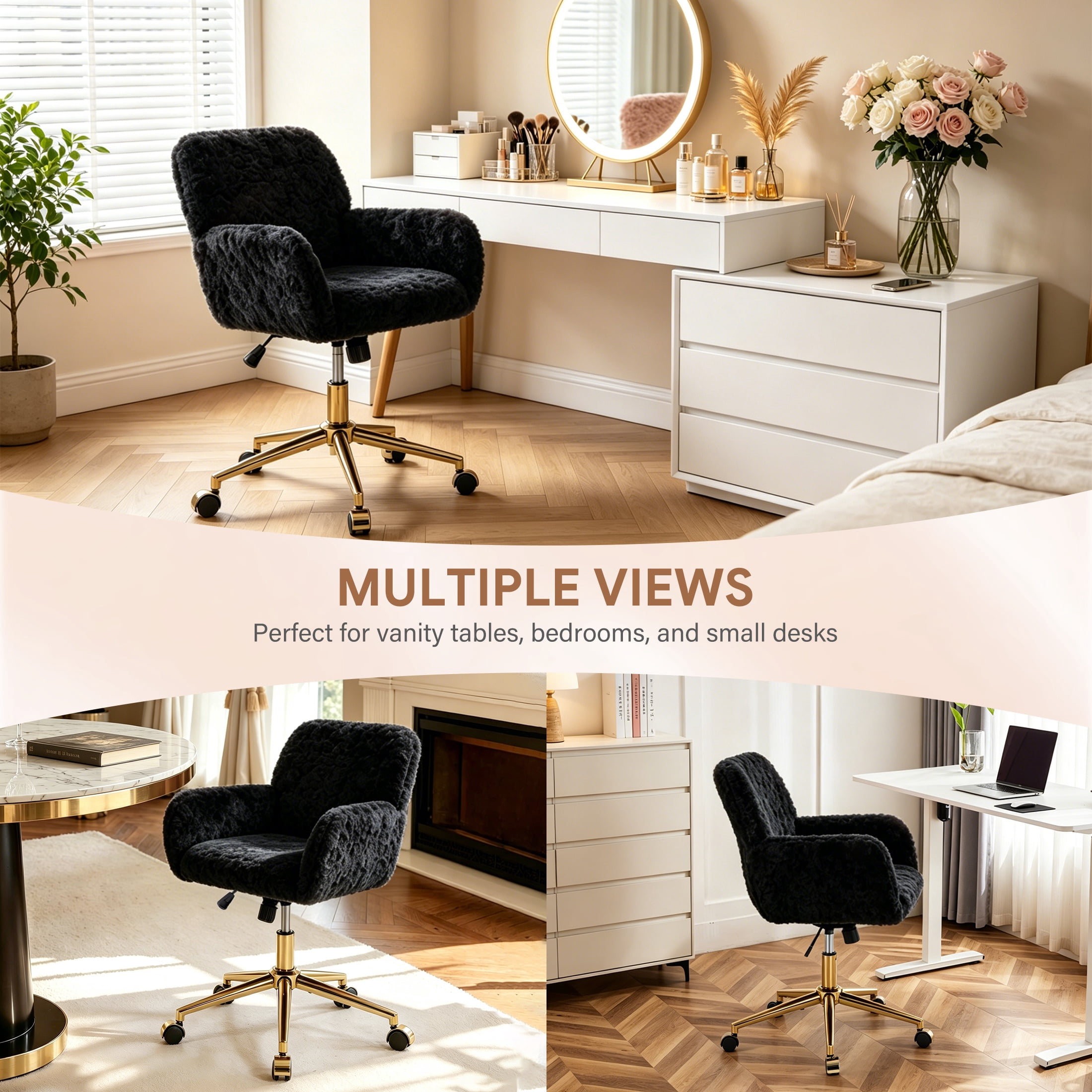 PAPROOS Vanity Chair with Back, Adjustable Swivel Makeup Desk Chair with Wheels and Arms, Fluffy Home Office Task Chair with Artificial Rabbit Hair for Bedroom, Dorm, Study Room, Black