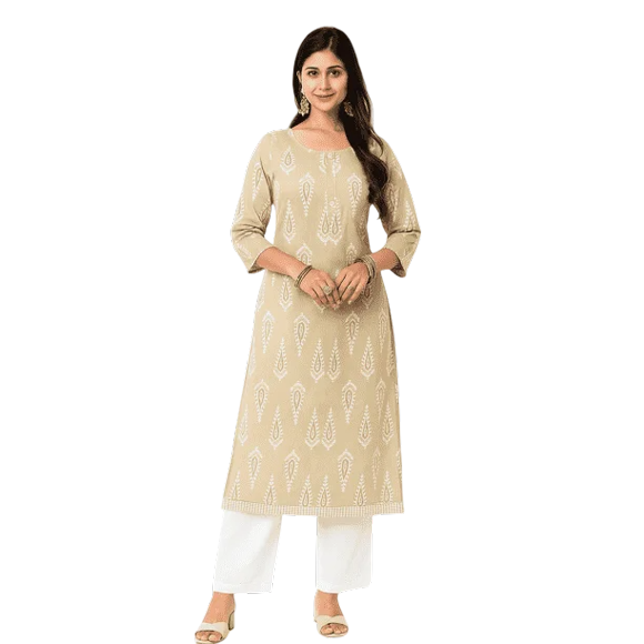 DWEEP SARA Women’s Beige Printed Rayon Straight Kurta | Soft Cotton Feel | Casual & Office Wear | L