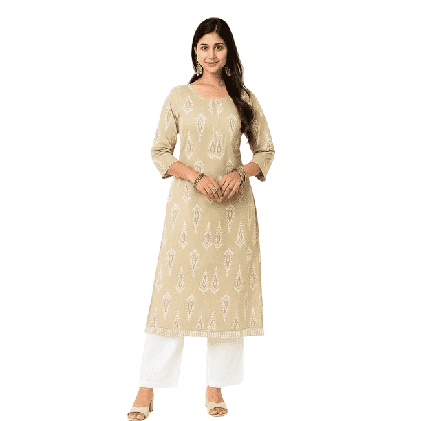 DWEEP SARA Kurta Droite en Rayonne Imprimée Beige pour Femmes / Toucher Coton Doux / Tenue Décontractée et de Bureau / m