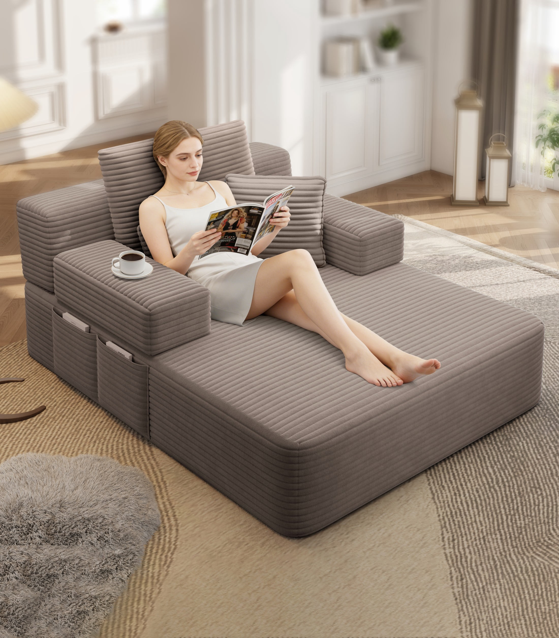 Aukfa Chaise Lounge Chair Indoor, Oversized Corduroy Boneless Sleeper Sofa Bed with Storage Pockets, Adjustable Backrest&3 Pillows, Reading Couch for Living Room Apartment, Coffee