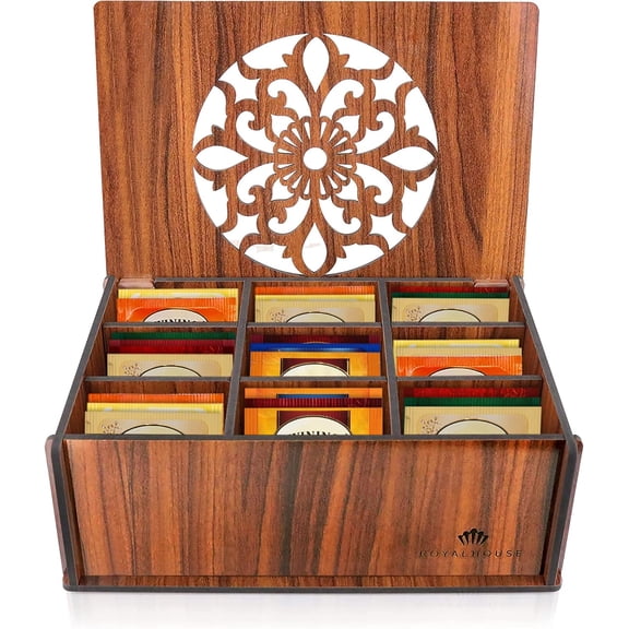 RoyalHouse Premium Wood (Hard MDF) Tea Storage Box Organizer (Brown), Eco-Friendly Multi-Functional Decorative Box, 9 Compartments For Assorted Variety Of Tea Bags and Small Items