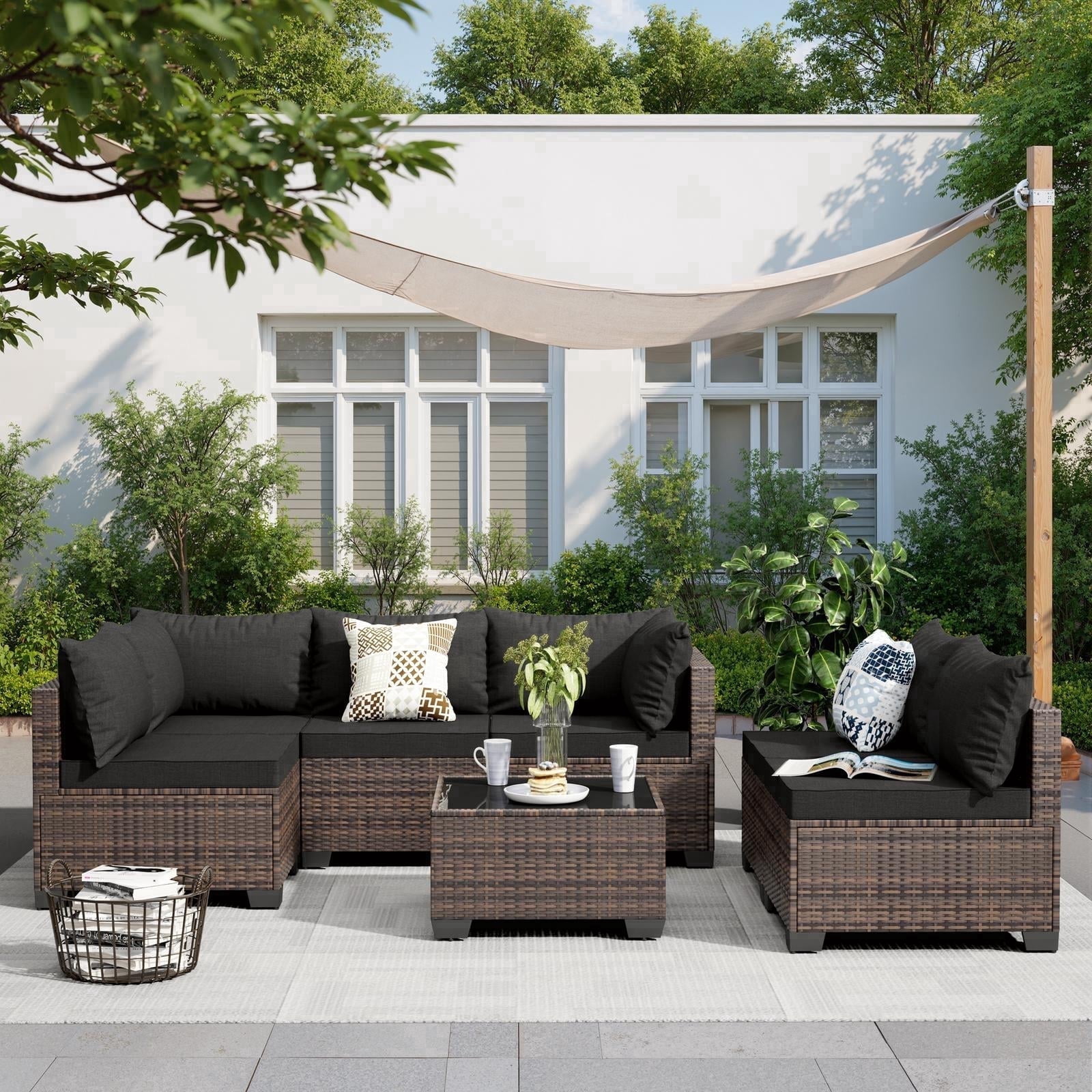 JORVIMAX 7 Piece Patio Furniture Set Outdoor Conversation Sets All-Weather Brown Rattan Wicker Patio Sectional Sofa with Cushions Black