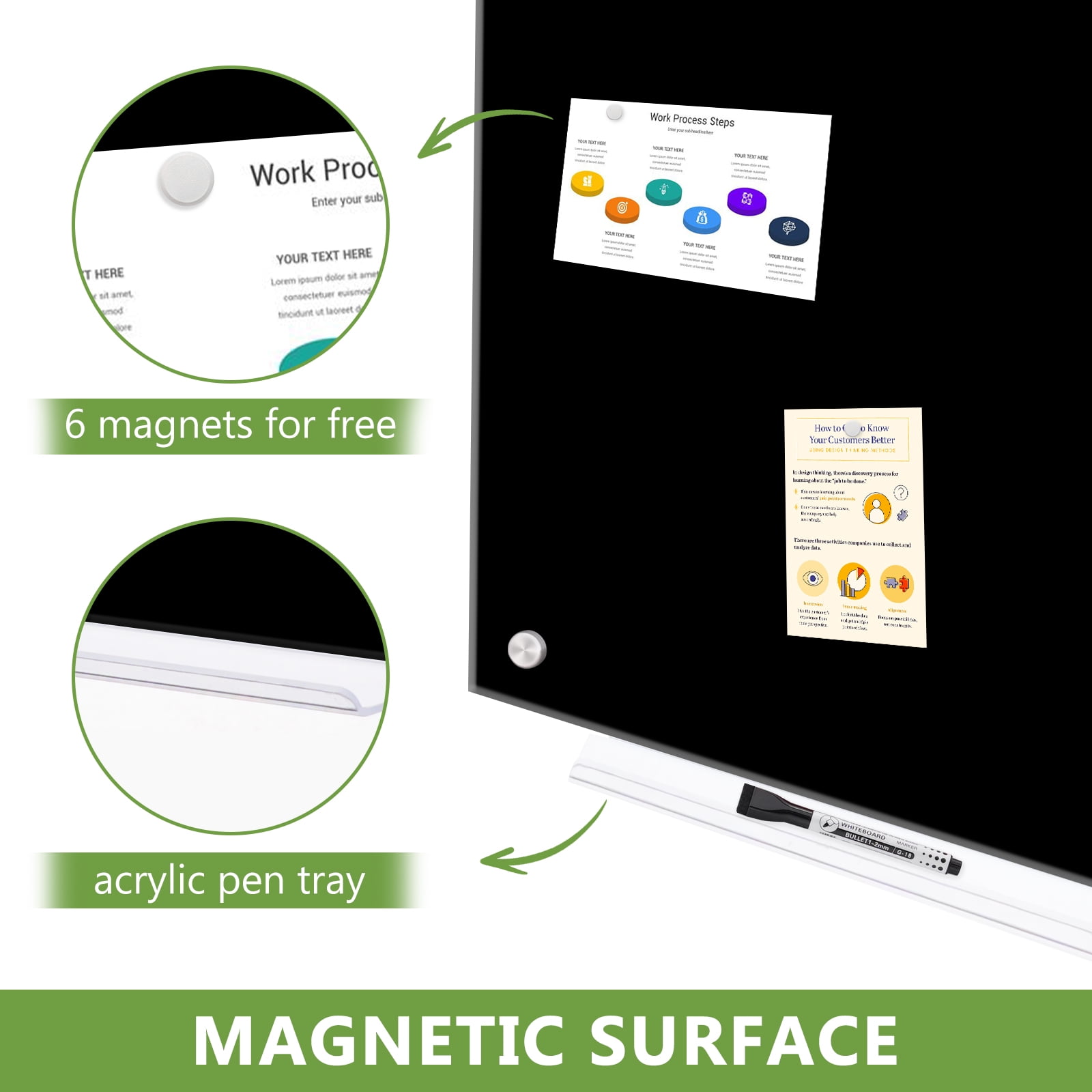 Black Glass Dry Erase Board 24"x18" Magnetic Glass Board, Framless Black Glass Whiteboard for Wall, Bulletin Board for Office, with Strong Magnets and Marker