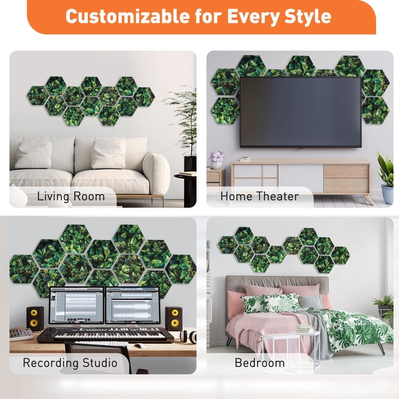 DOLLAR BOSS 12Pcs Self Adhesive Felt Board Tiles Hexagon Bulletin Board for Walls, Green Leaves Printing Hexagon Felt Bulletin Home Wall Decor, Felt Cork Pin Board for Pictures Photos Memos