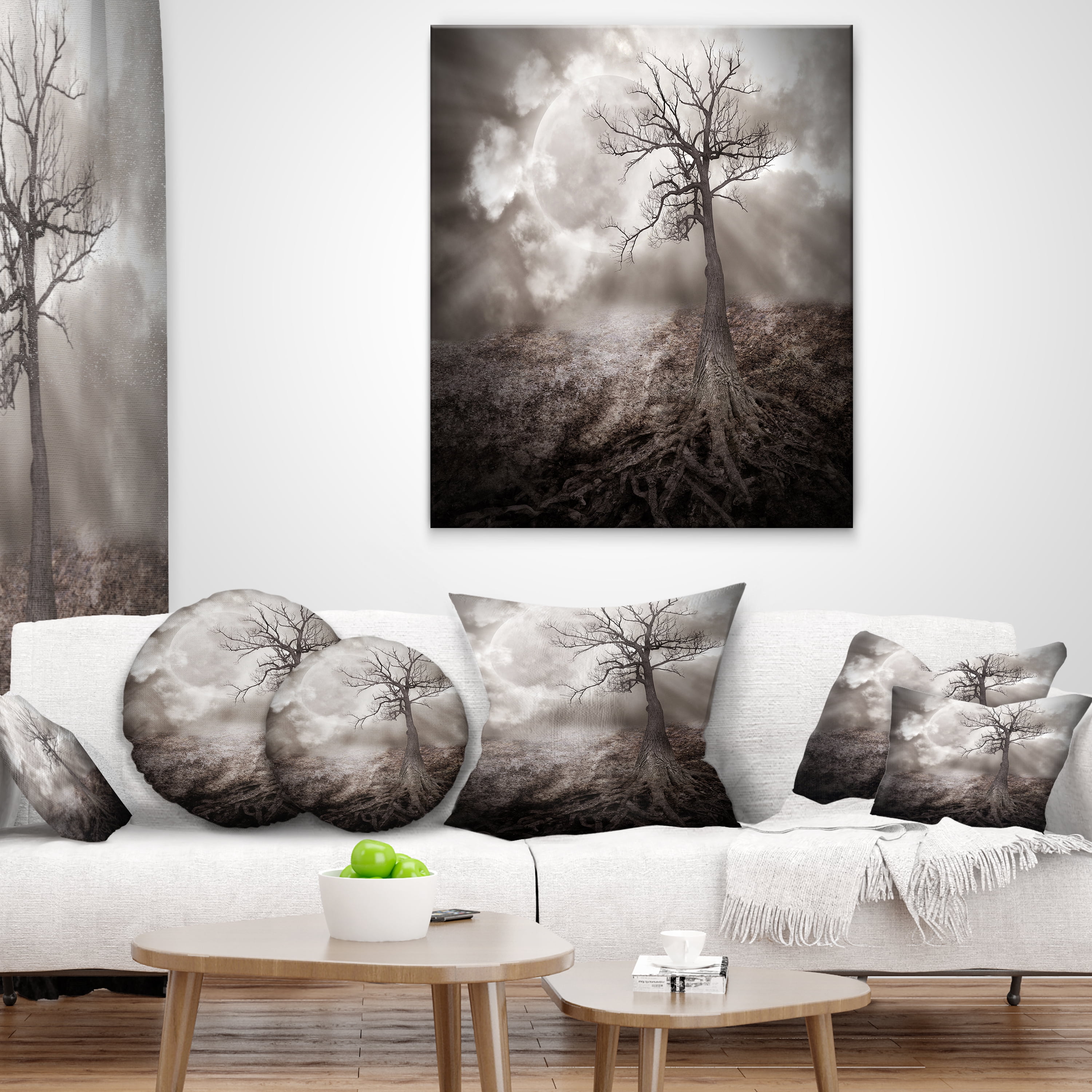 Designart Lonely Tree Holding the Moon - Landscape Printed Throw Pillow - 18x18