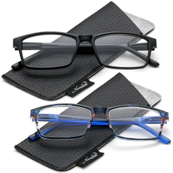 2 Pack Slim Reading Glasses Light Weight Simple Rectangular Shape Fashionable Colors with Carrying Pouch