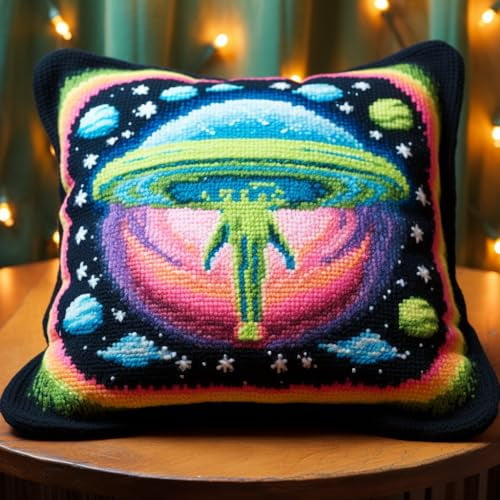 UFO Alien Latch Hook Pillow Kit for Adults Throw Pillow Cover with Printed Canvas Hook Crochet Yarn Needle Craft Easy Handmade Cushion for Home Sofa Decoration 43x43cm