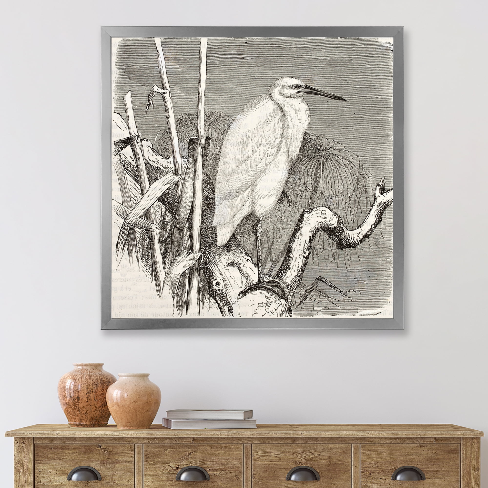 Designart 'Little Egret Bird in Monochrome' Farmhouse Framed Art Print